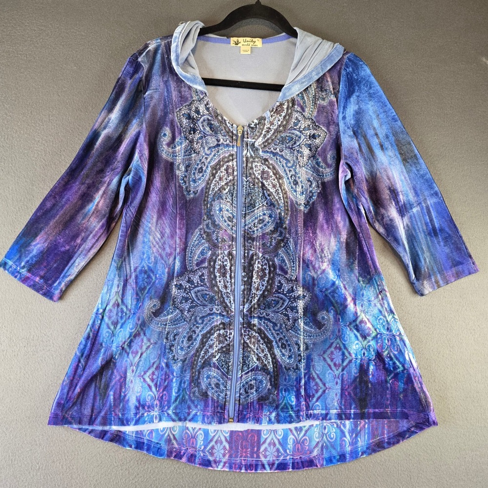 Unity World Wear Womens L Purple Blue Paisley Velvet Zip Up Hoodie Fairy Boho